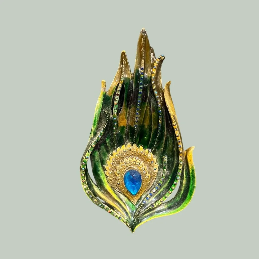 Decorative Peacock Feather Enamel Trinket Dish Green Gold Blue Rhinestone
